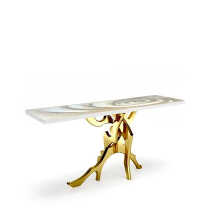 Albero Titanium Gold Polished Stainless Steel Base White Fiore Large Console Table