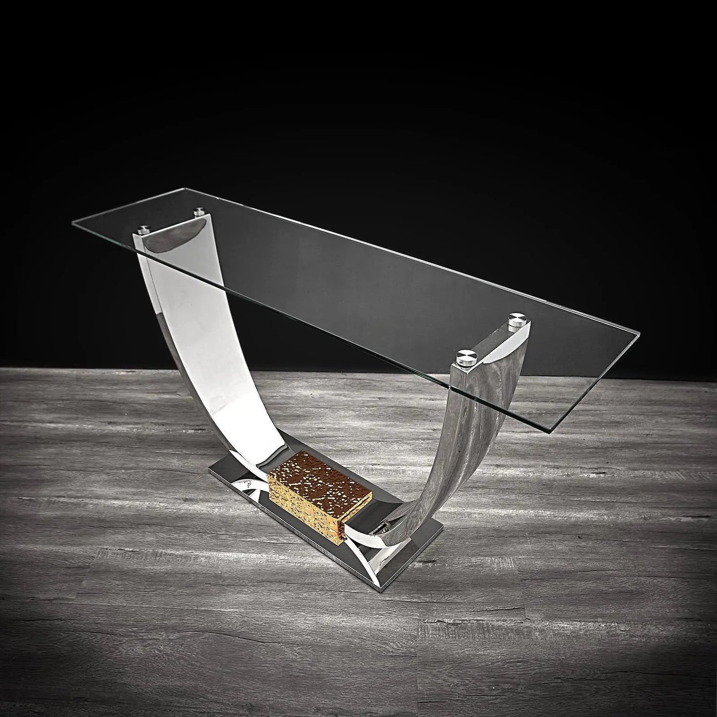 Bella Glass Top Console Table in Titanium Gold