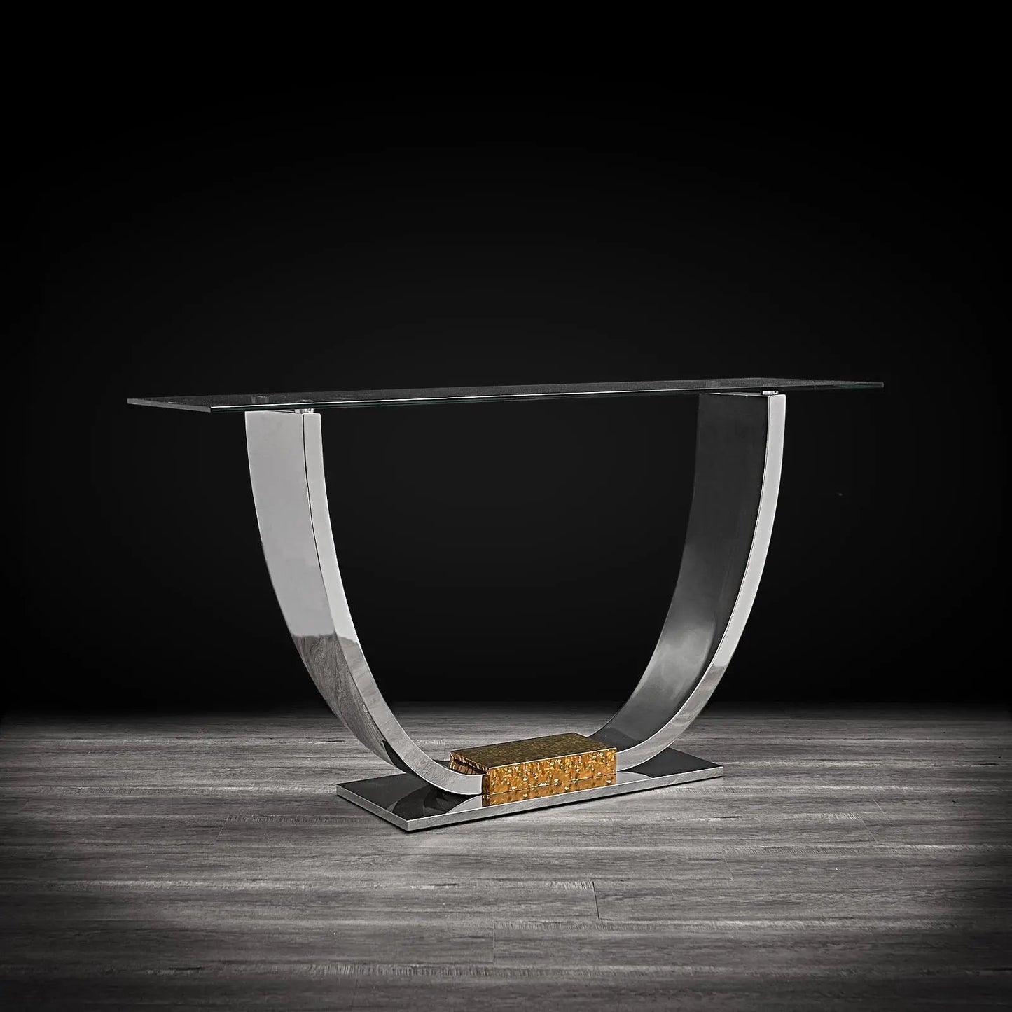 Bella Glass Top Console Table in Titanium Gold