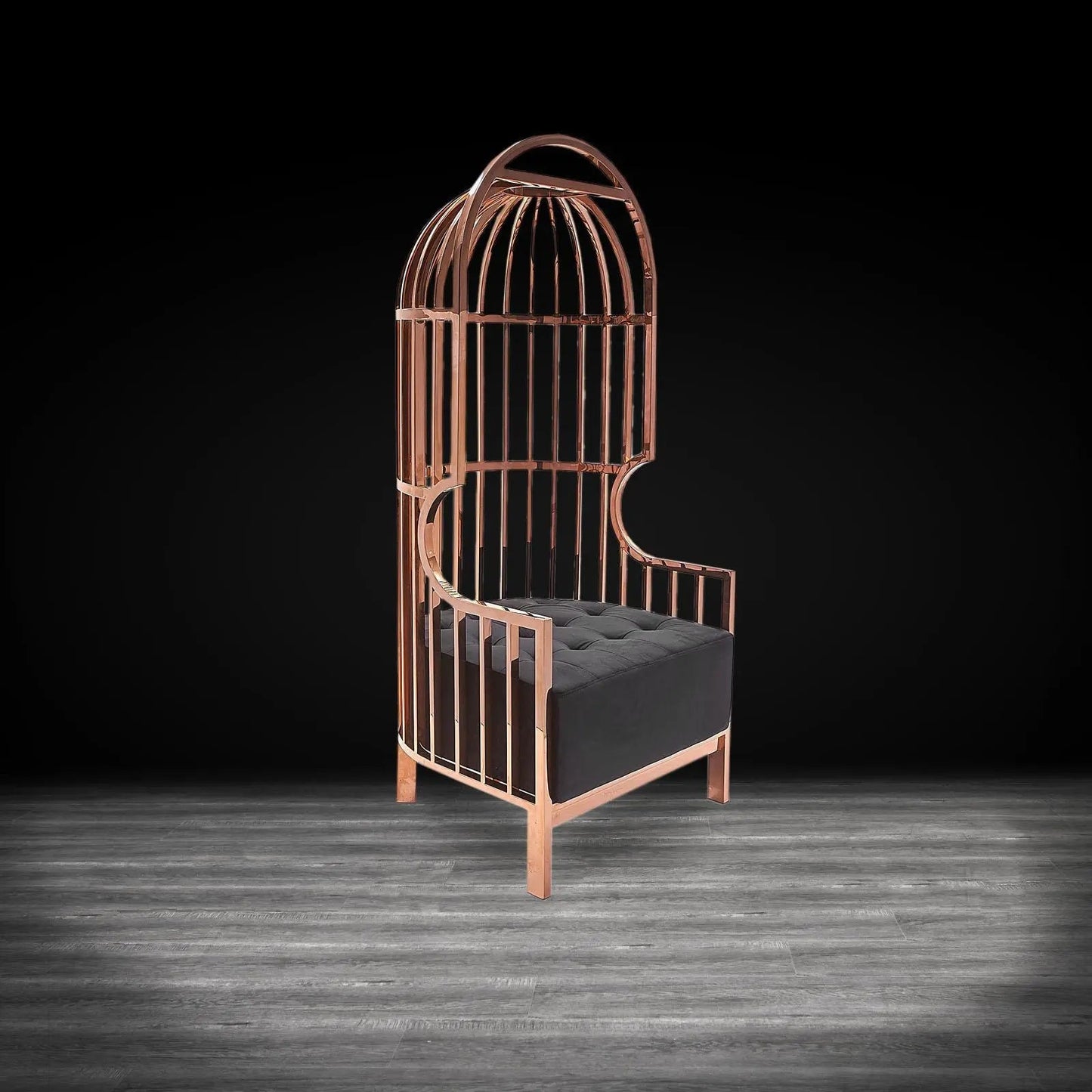 Cage Arm Chair – Rose Gold Frame, Black Upholstery
