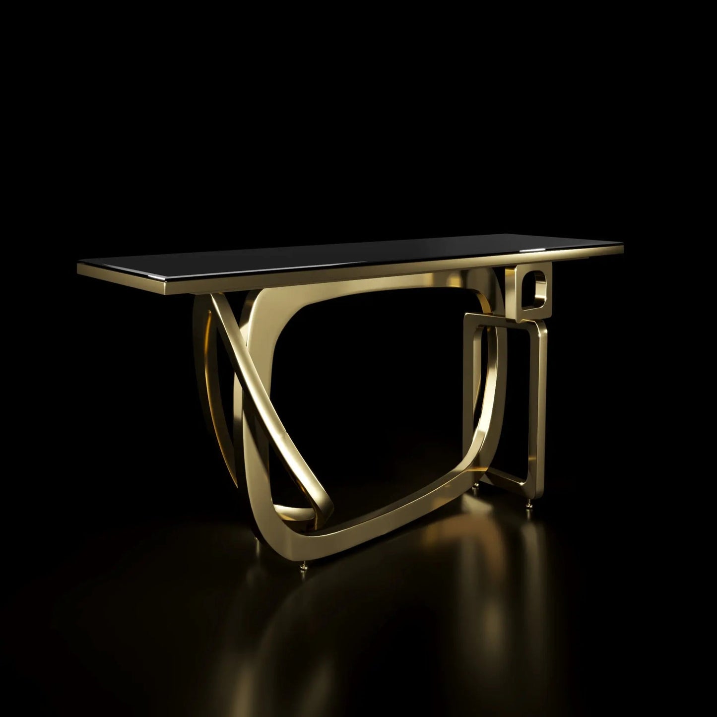 Console Table Flow Titanium Gold Polished Stainless Steel Base Black Glass