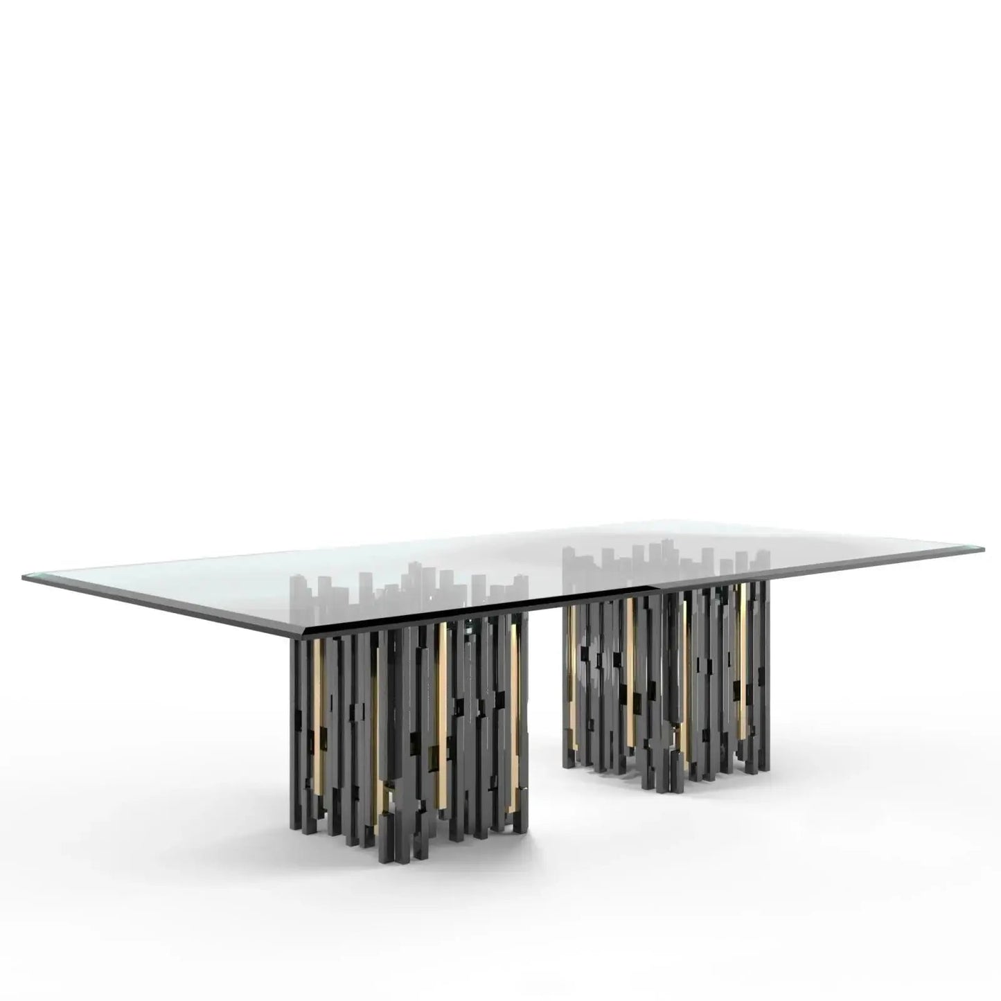 Illusion Rect Sqb Smoked Black Titanium Gold Polished Stainless Steel Base Dining Table