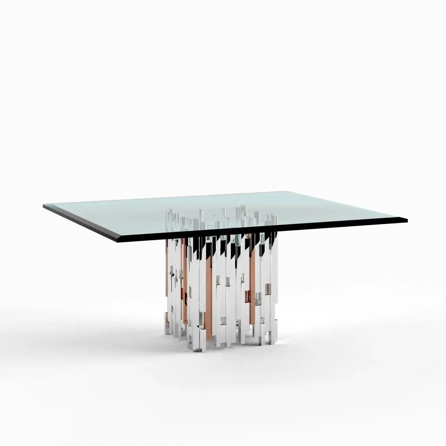 Illusion Square Polished Stainless Steel Base Rose Gold Polished Stainless Steel Base Dining Table