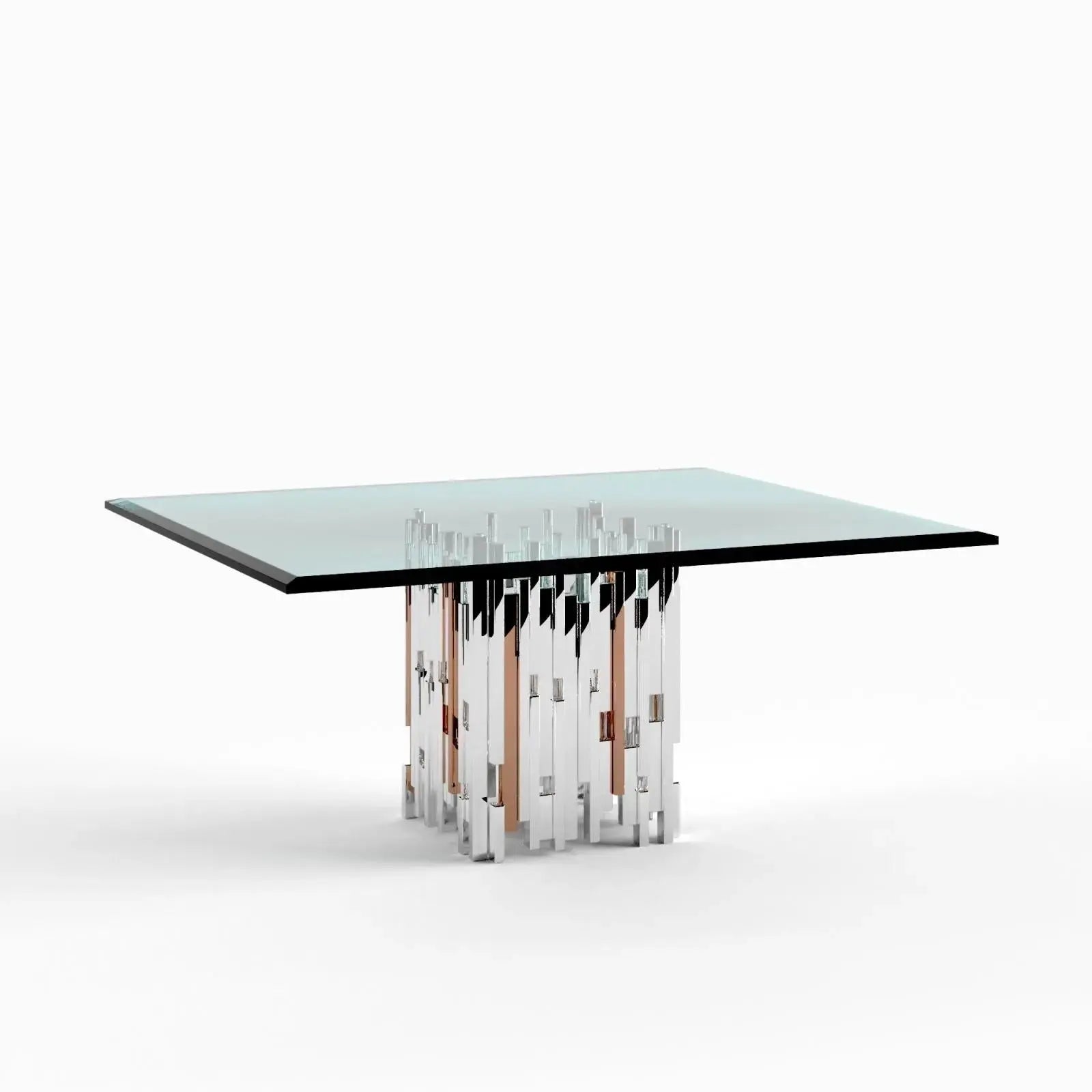 Illusion Square Polished Stainless Steel Base Rose Gold Polished Stainless Steel Base Dining Table