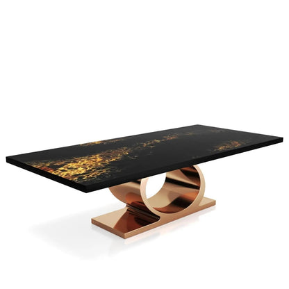 Onyx Rose Gold Polished Stainless Steel Base Black Art Large Dining Table