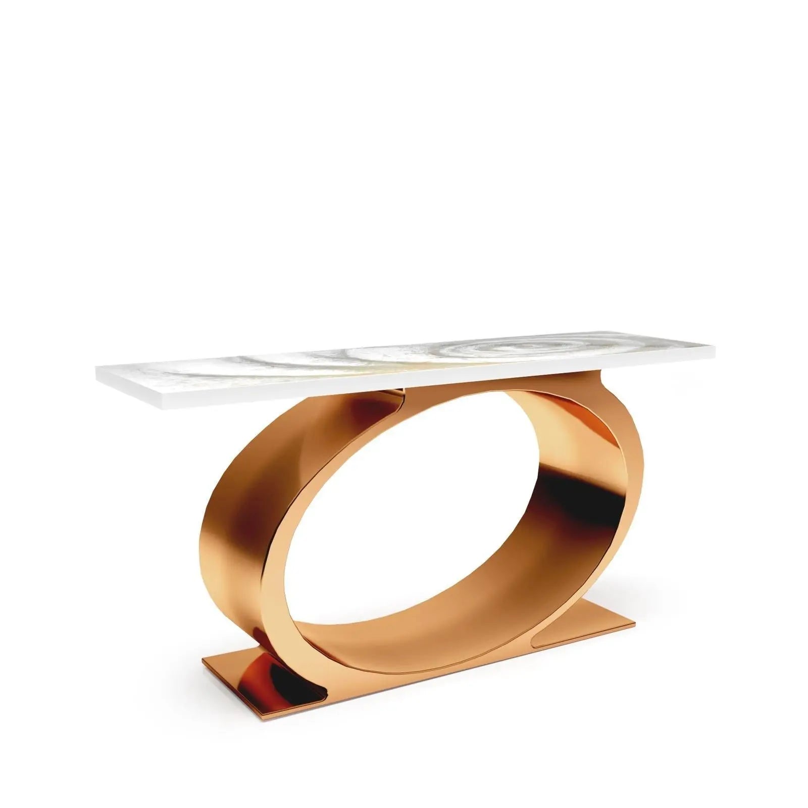 Onyx Rose Gold Polished Stainless Steel Base White Fiore Large Console Table