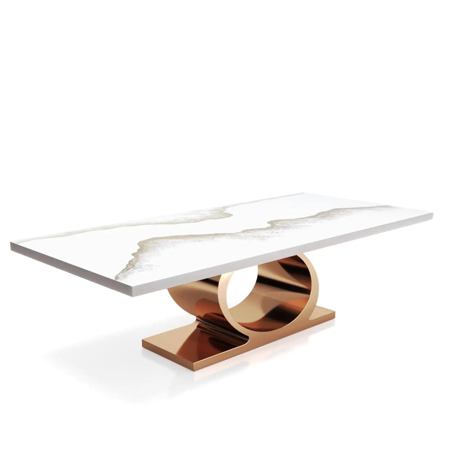 Onyx Rose Gold Polished Stainless Steel Base White Mountain Large Dining Table