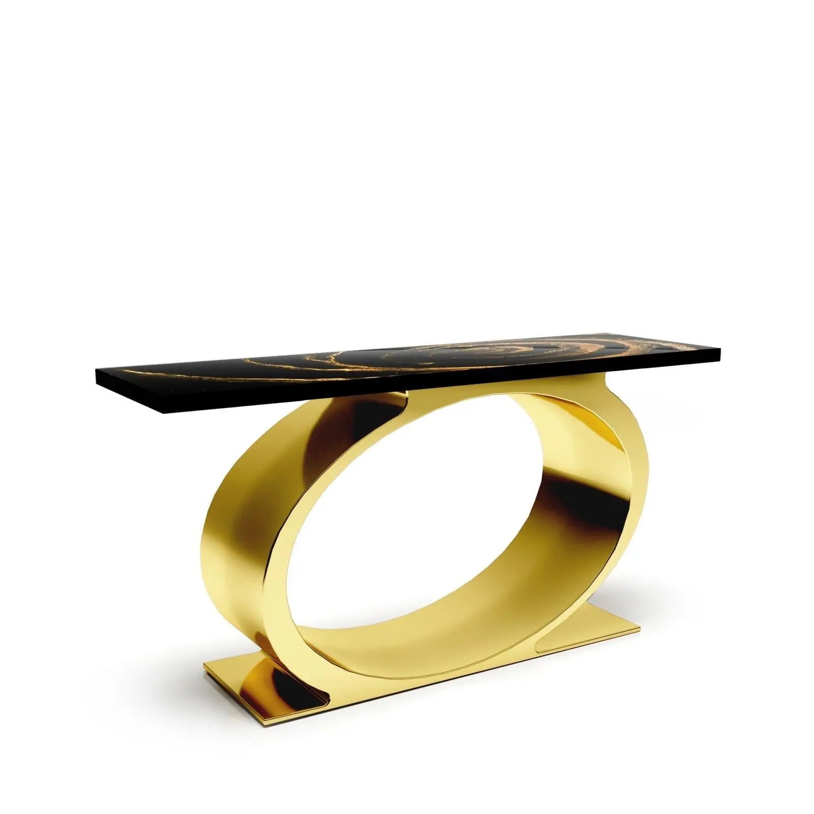 Onyx Titanium Gold Polished Stainless Steel Base Black Fiore Large Console Table