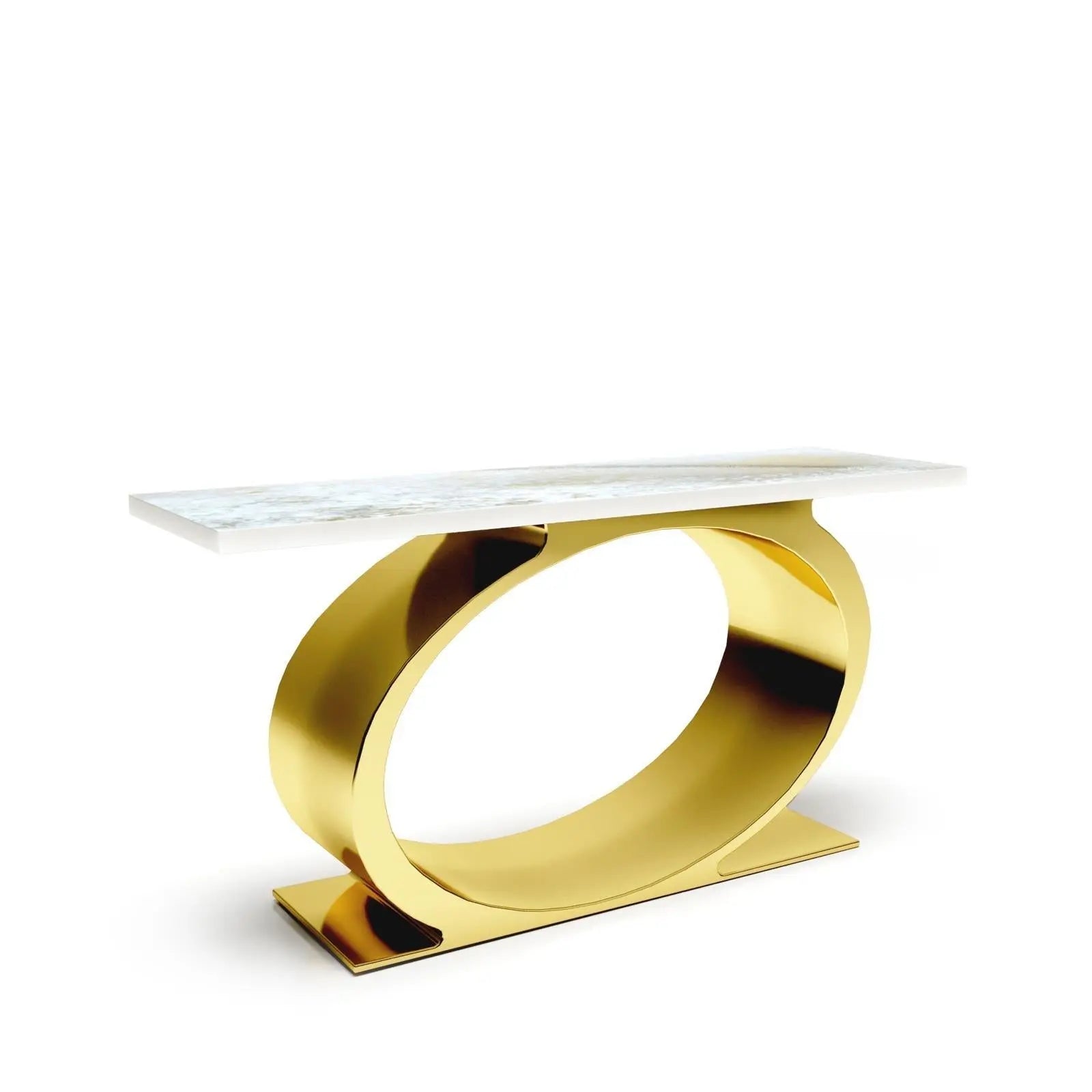 Onyx Titanium Gold Polished Stainless Steel Base White Art Large Console Table