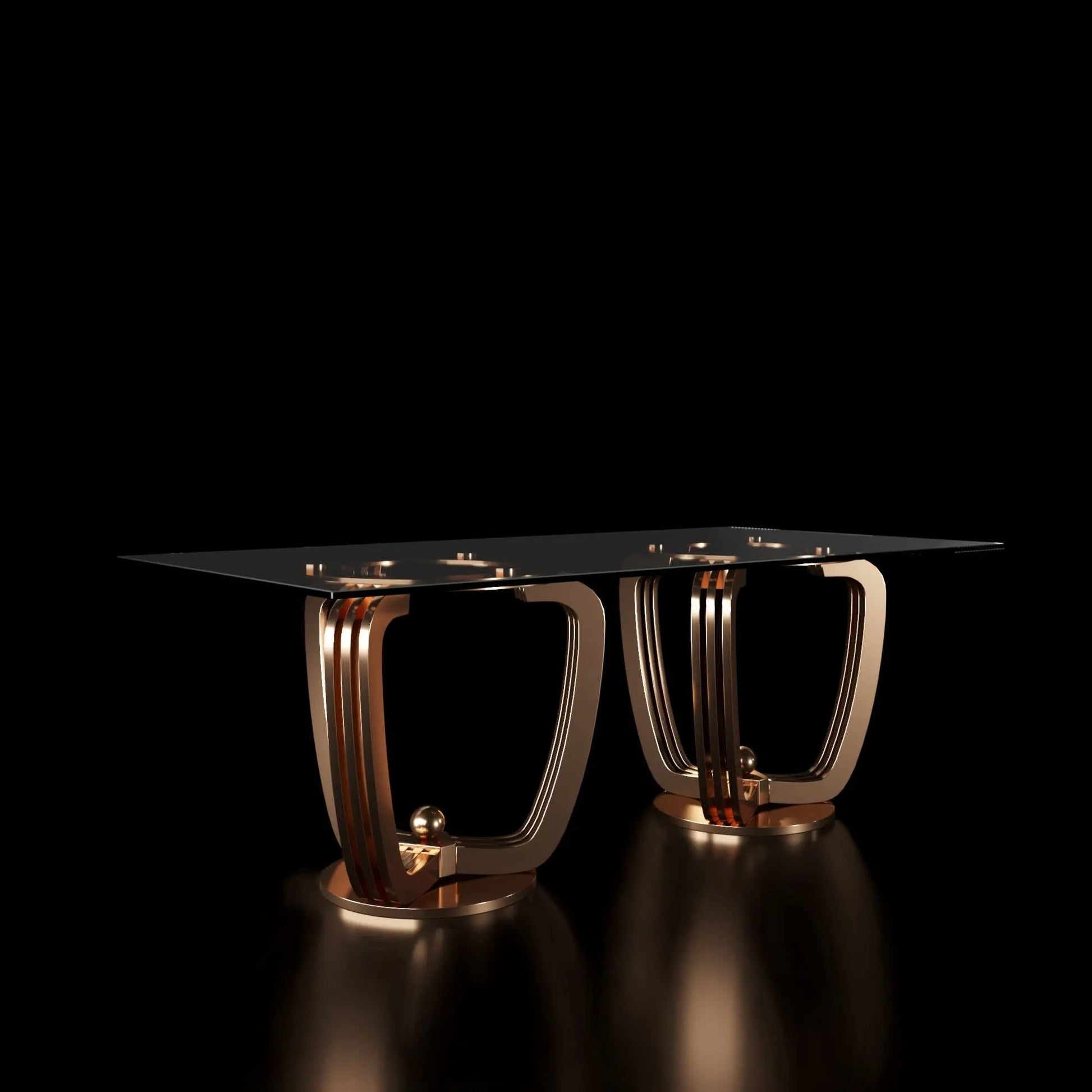 Regency Rectangle Rose Gold Polished Stainless Steel Base Double Base Dining Table RG