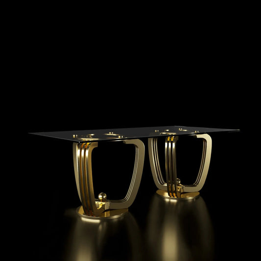 Regency Rectangle Titanium Gold Polished Stainless Steel Base Double Base Dining Table RG